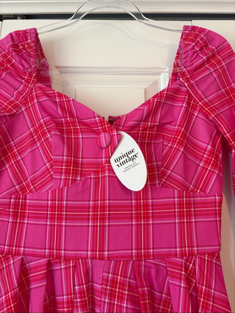Women’s Unique Vintage Hot Pink Plaid Fit-and-Flare Dress w/sweetheart neckline.